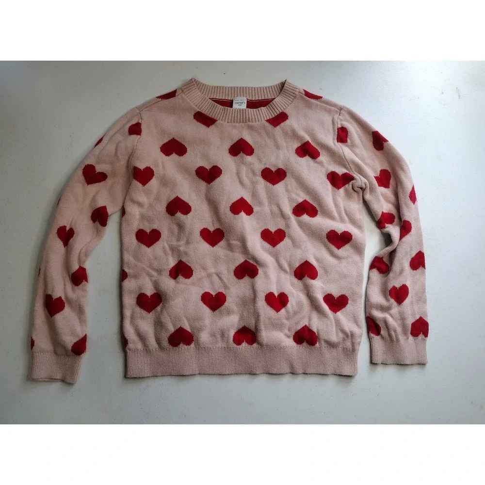 Carters Kids Pink Red‎ Heart Intarsia Cotton Knit Sweater Size 8 Pullover